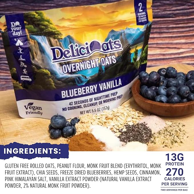 DeliciOats Overnight Oats | Dairy Free, Soy Free, Gluten Free Oatmeal for Backpacking, Camping, Emergency Food, and Everyday Breakfast (Pack of 1, Blueberry Vanilla)