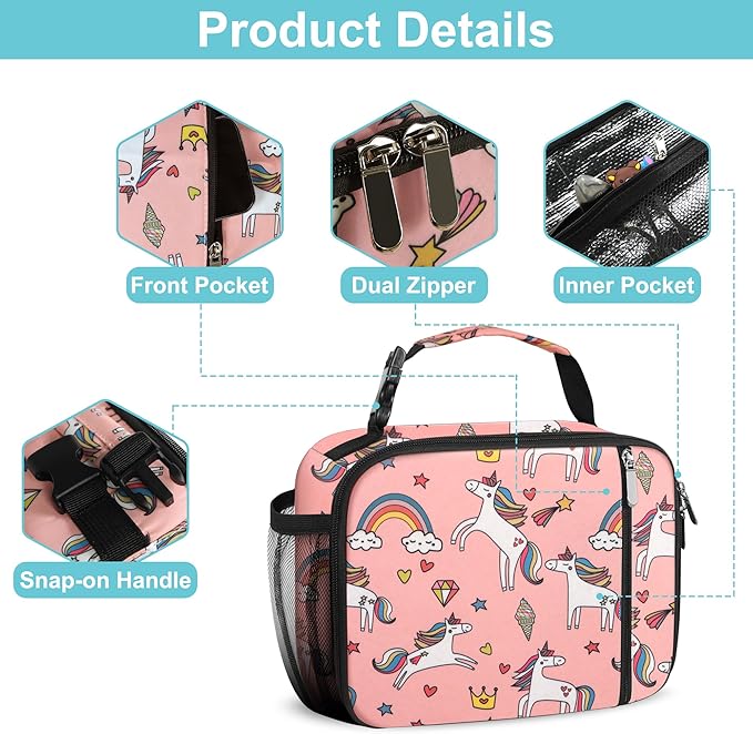 esouler Lunch Box Kids Insulated Lunch Bag for Boys & Girls Durable Children Lunchbox for School with Water Bottle Holder-Pink Unicorn