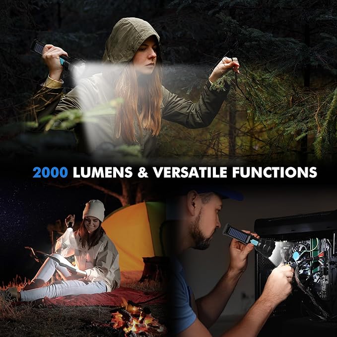 Solar/Rechargeable LED Flashlights, Multi Function Flashlight with 2000 mAh Battery, Emergency Strobe Light, Waterproof, Fast USB Charging, Survival Gear and Supplies for Camping, 4 Pack