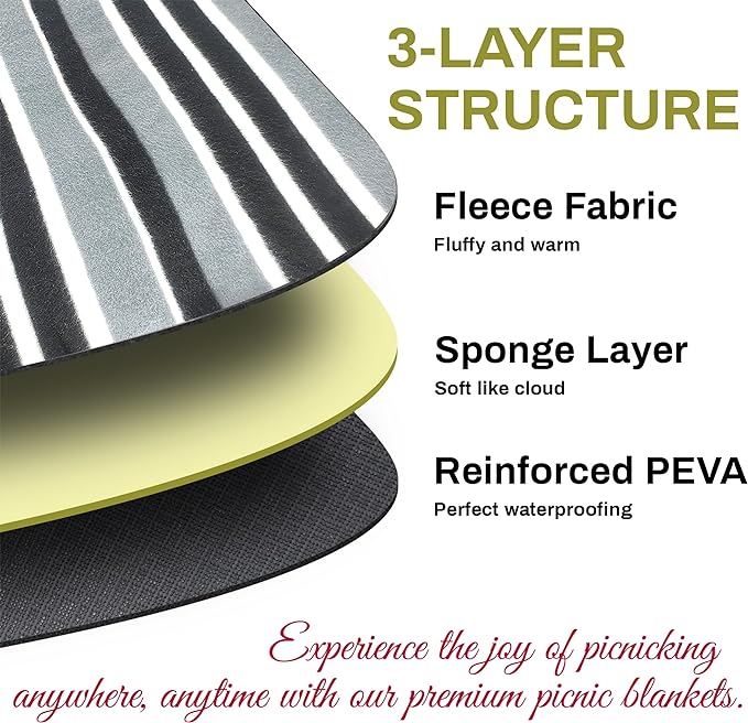 PortableAnd Extra Large Picnic & Outdoor Blanket 3 Layers for Water-Resistant Handy Mat Tote Spring Summer Black and White Striped Great for The Beach,Camping on Grass Waterproof Sandproof
