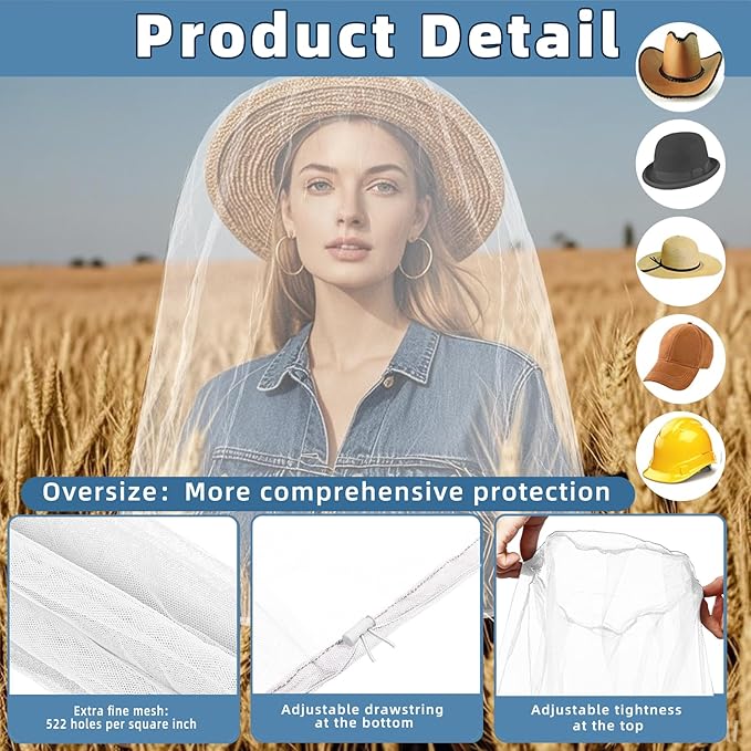 Oversized Mosquito Net 42 x 25 Inches Ultra Large Mosquito Head Net Face Neck Fly Mesh Netting Fits All Hats for Outdoor Camping Hiking Fishing Gardening Safari (White)