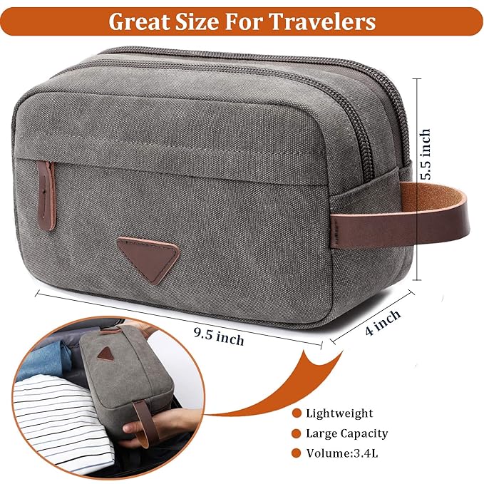 Mactso Mens Travel Toiletry Bag Canvas Leather Cosmetic Makeup Organizer Shaving Dopp Kits with Double Compartments (Gray)