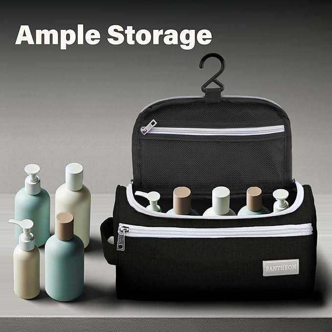 Pantheon Men's Toiletry Bag - Travel Toiletry Bag Wash Bag Hanging Dopp Kit Shaving Kit for Bathroom Shower - Mens Travel Bag Hanging Toiletry Organizer Toiletry Kit for Traveling (Black)