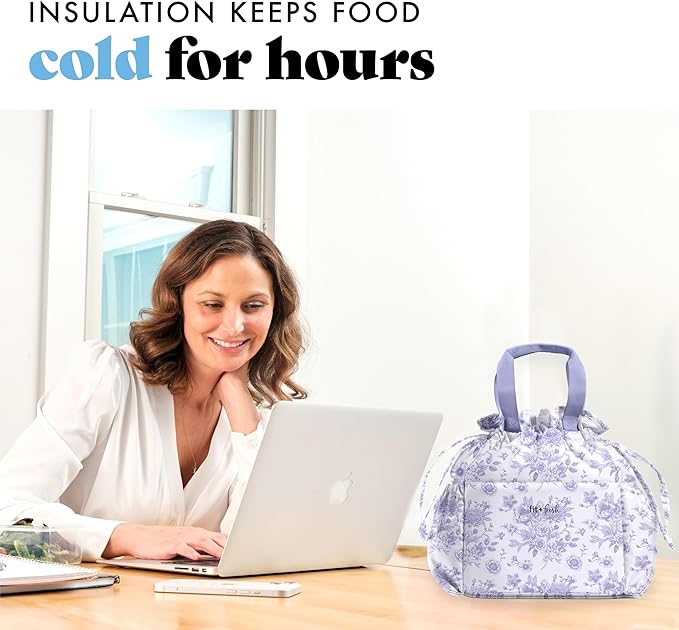Fit & Fresh Lunch Bag For Women, Insulated Womens Lunch Bag For Work, Stain-Resistant Large Lunch Box For Women With Containers, Cinch Closure Cromwell Bag, Lavender Floral Toile