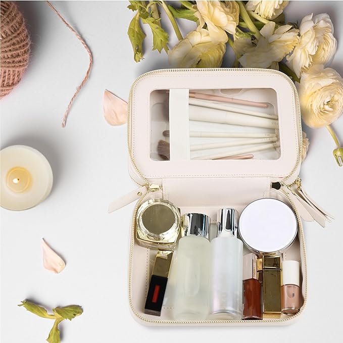 Prite Double Layer Makeup Bag for Women Portable Clear Makeup Bag Cute Waterproof Travel Cosmetic Bag with Gold Zipper for Car Essentials(Beige)