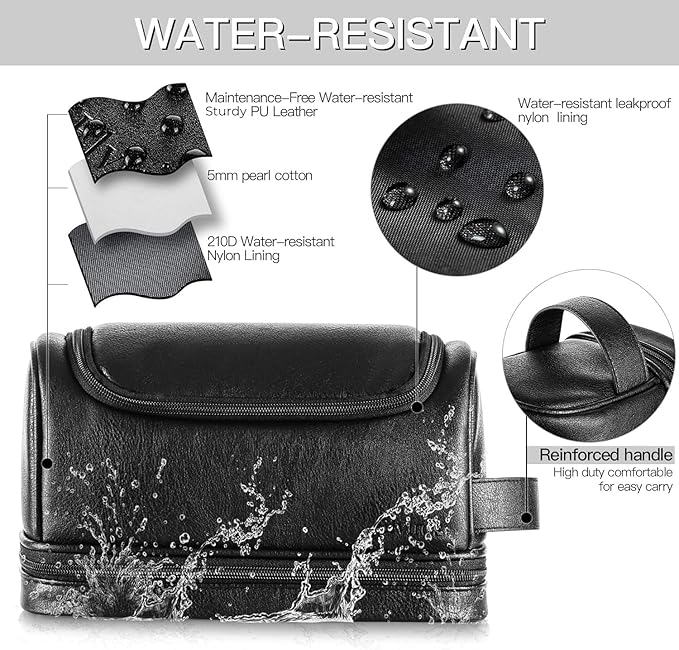 Elviros Toiletry Bag for Mens PU Leather Travel Organizer Kit with Hanging hook, Large Water-resistant Toiletries Bathroom Shaving Bags(Extra Large, Black)