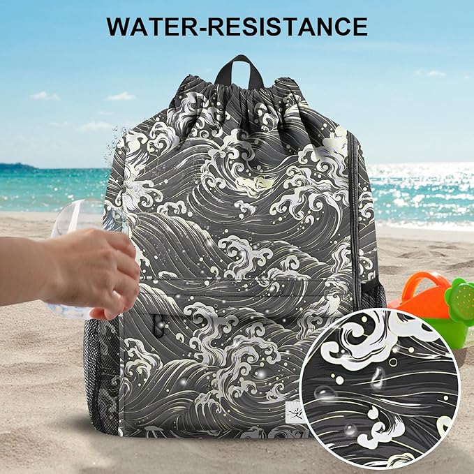 Drawstring Backpack with Mesh Pockets String Gym Bag Sackpack Sandproof Water Resistant Beach Backpack for Men Women