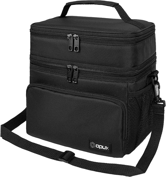 opux Insulated 2 Deck Lunch Bag for Men Women, Large Dual Compartment Cooler Bag for Work School Picnic, Leakproof with Strap for Kid Adult (Black)