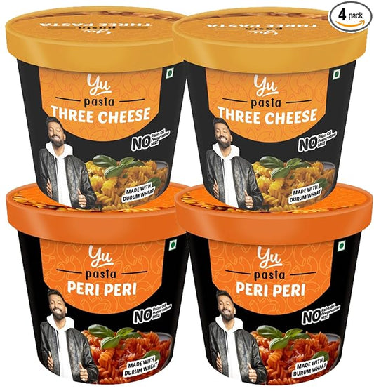 All Natural Pasta Cups – Freeze Dried Food - Pack of 4 - No Preservatives - 100% Natural Ingredients & Vegetarian - Ready to Eat Meals in 4 mins - 800 GMS (2 Three Cheese + 2 Peri Peri) - Yu Foodlabs