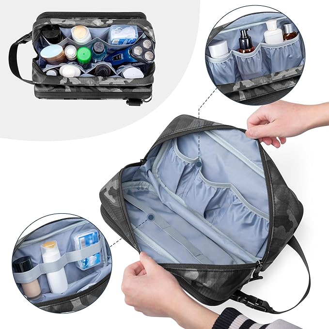 Toiletry Travel Bag for Men Tactical Hygiene Bag, Shaving Kit Toiletries Organizer Dopp Kit with Large Capacity, Black Camo(Empty Bag Only)