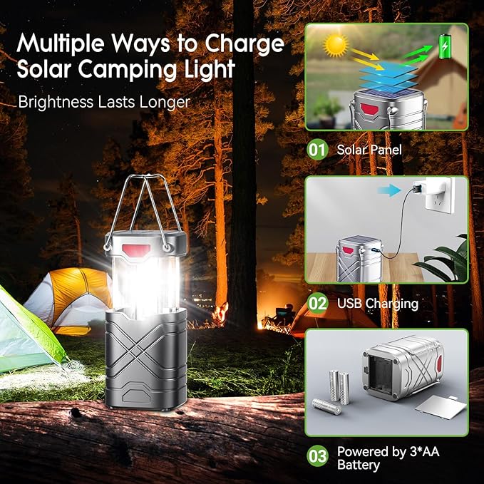 LETMY 2 Pack Camping Lantern, Rechargeable LED Lanterns, Solar Lantern Battery Powered Hurricane Lantern Flashlights with 3 Powered Ways & USB Cable for Emergency, Power Outage, Hurricane Supplies