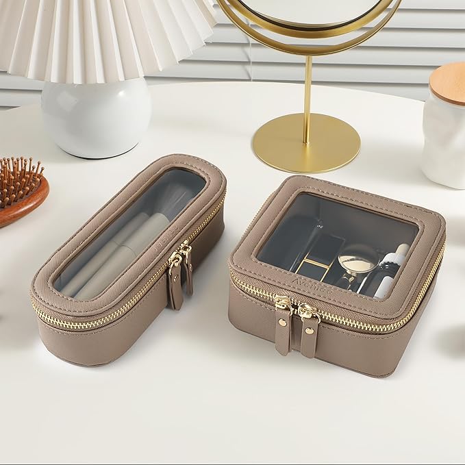 Aveniee Slim Clear Makeup Brush Bag, Small Cosmetic Brush Holder, Mini Toiletry Bag Travel Case for Women, Thin Make up Bags with Dual Zipper, Cute Travel Essentials Bag Organizer - Taupe