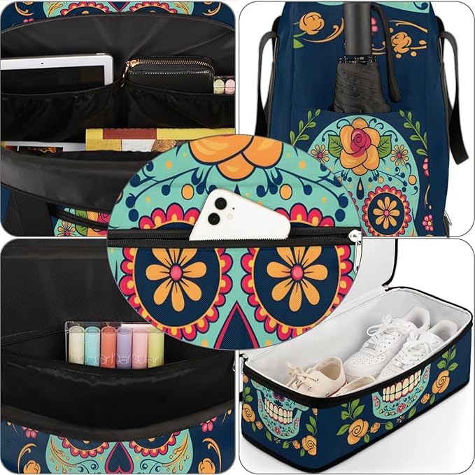 cfpolar Woman Travel Duffel Bag Mexican Skull Foldable Tote Carry On Luggage Sports Gym Bag With Shoe Compartment Overnight Weekend Yoga Workout Bag Training Handbag