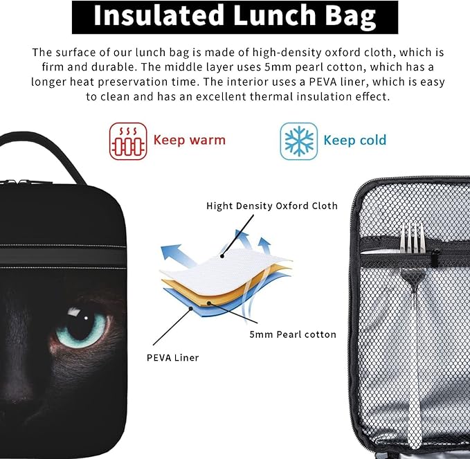 Black Cat Face Lunch Bag Reusable Insulated Lunch Box Thermal Cooler Tote For Boys Girls Teen School Men Women Travel Hiking Picnic