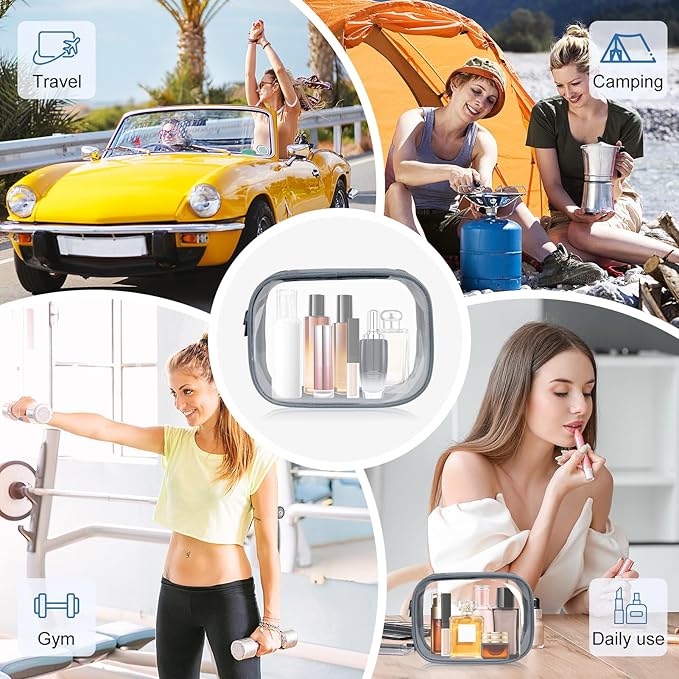 Moyad TSA Approved Clear Toiletry Bag, 2 Pack Quart Size 3-1-1 Liquids Pouch for Travel, Transparent Makeup & Cosmetic Organizer for Women Men, Grey