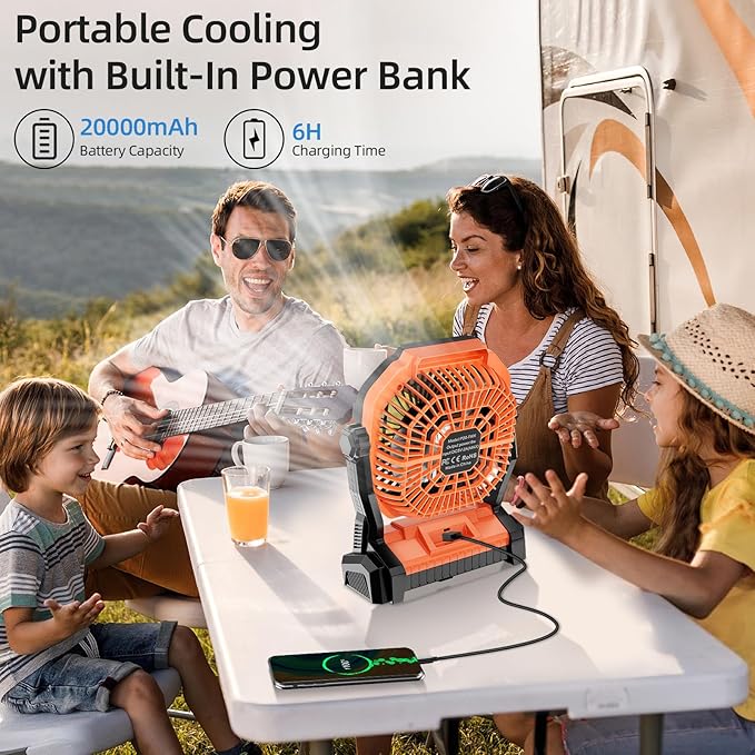 Camping Fan Rechargeable, 20000mAh Battery Powered Portable Fan with LED Light, 4-Speed 180° Adjustable, Camping Essentials for Tent, Travel, Car, Outdoor, Indoor, BBQ, Fishing, Jobsite - Orange