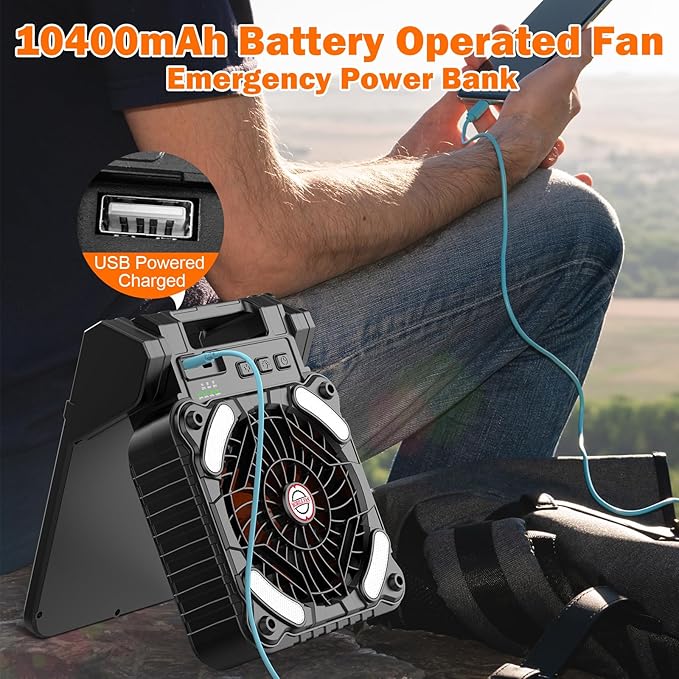 Solar Camping Fan with 10400mAh Built-in Rechargeable Battery,Dual-Power Outdoor Fan,Portable Fan with Timer,Phone Charging,LED Lantern,for Camping,Fishing,Power Outage,Hurricane(Black-Orange)