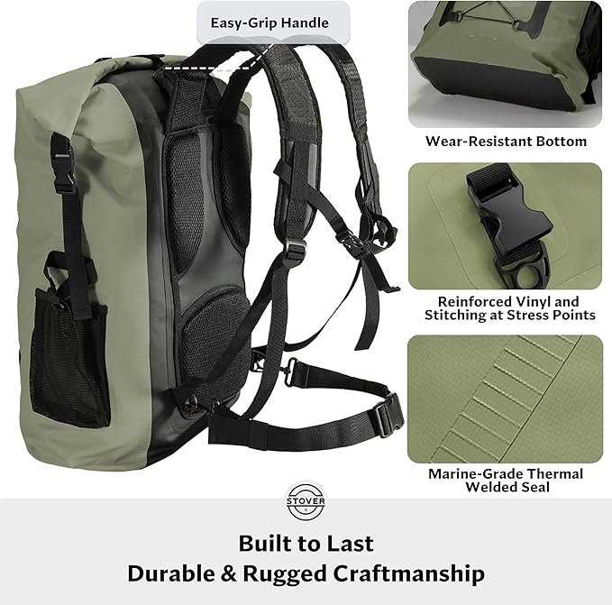 STOVER 5/10/25/30/40/55L Waterproof Dry Backpack- XL Floating Dry Bag for Kayaking, Travel, Tubing, Hiking, Fishing, Camping, Motorcycles, the Beach, Heavy-Duty Roll Top Men/Women (Green)