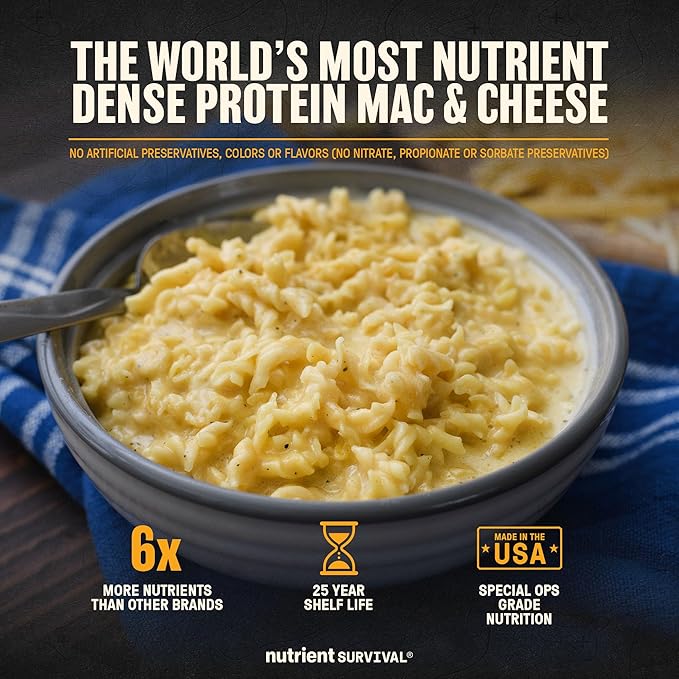 Nutrient Survival MRE Triple Cheese Mac, Ready to Eat Meals (10 Servings) Freeze Dried Prepper Supplies & Emergency Food Supply, 40 Essential Nutritients, Shelf Stable Up to 25 Years, One Can