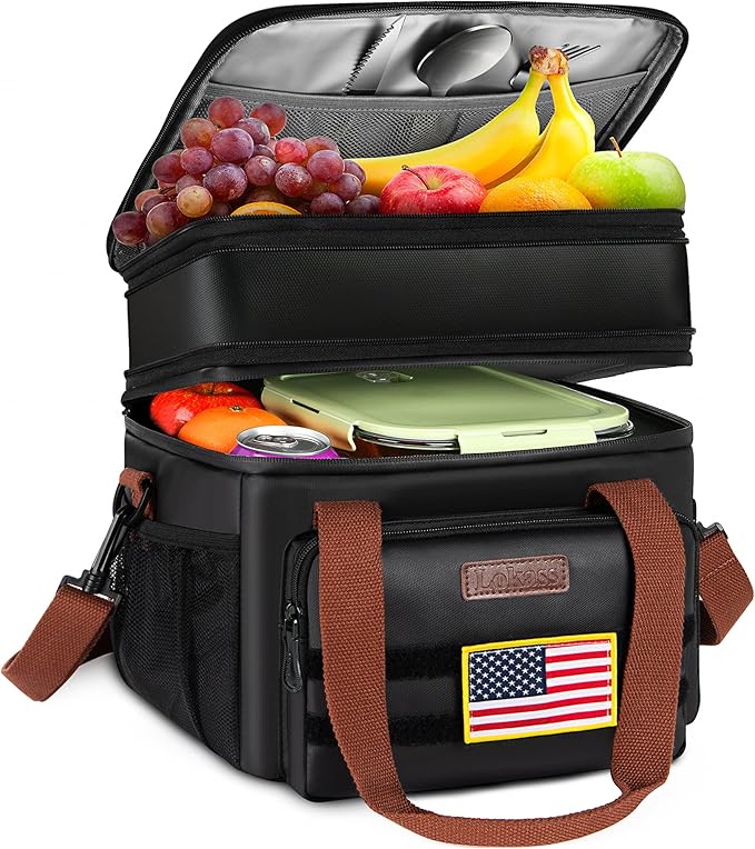 Tactical Lunch Box for Men- Large Insulated Lunch Bag-Expandable Adult Lunch Box with Adjustable Shoulder Strap-Large Lunch Tote Bag for Work Camping Fishing (Black-Leather)