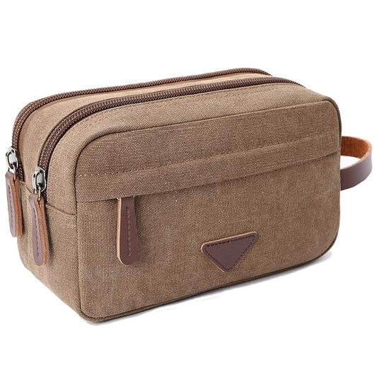 Mactso Mens Travel Toiletry Bag Canvas Leather Cosmetic Makeup Organizer Shaving Dopp Kits with Double Compartments (Coffee)