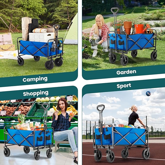 OLIXIS Heavy Duty Wagon Cart, 350 lbs Foldable Large Collapsible Wagons Carts with Wheels Smooth Maneuverability for All-Terrain, Suitable for Gardening, Camping, Beach - Blue