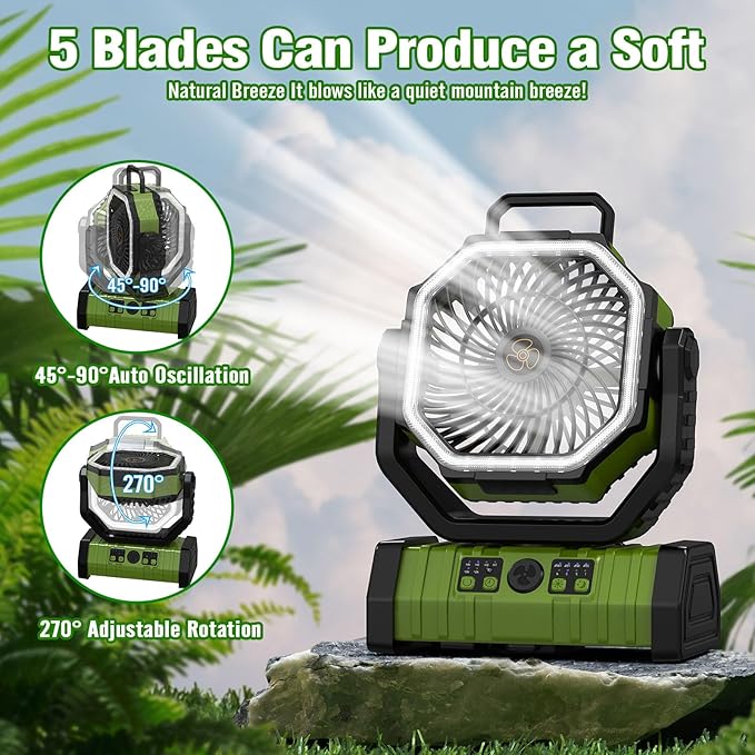20000mAh Portable Camping Fan with LED Light, Rechargeable Battery Powered Oscillating Fan with Remote & Hook,Timer, 65HRS Running, 4-Speed for Travel, Tent, Room, Car, Picnic, Fishing (Green)