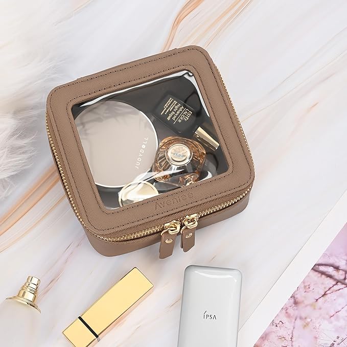 Aveniee Mini Clear Makeup Bag, Small Travel Toiletry Bag Cosmetic Bags TSA Approved, Clear Makeup Case Pouch with Zipper, Car Organizer Essentials for Women Men(Mini-Taupe)