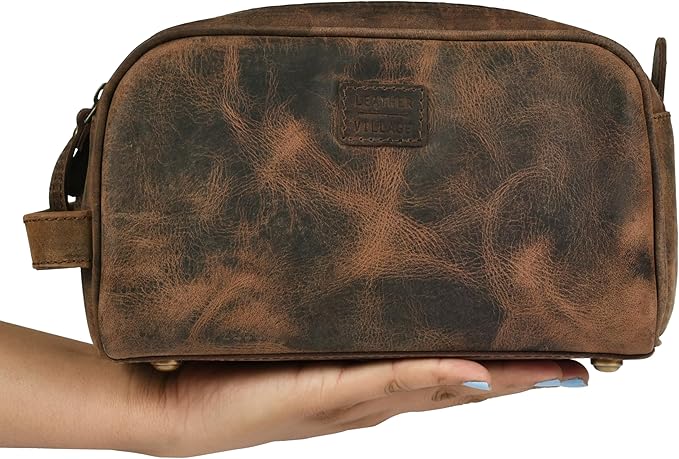LEATHER VILLAGE Premium Leather Toiletry Travel Pouch With Waterproof Lining - Brown | King-Size Handcrafted Vintage Dopp Kit Bag