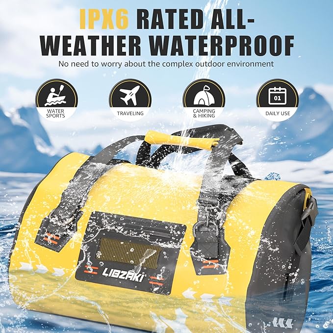 LIBZAKI High-Vis Waterproof Duffel Bag - PVC Rolltop Dry Bag with Locking Straps for Motorcycle Travel, Beach & Emergency Gear 70L Black/Yellow