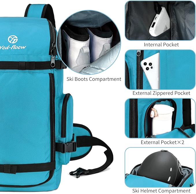 Ski Boot Bag Backpack, 50L Large Capacity Water-Resistant Padded Ski Travel Bag & Snowboard Boot Bag for Ski Boots, Helmet, Goggles, Clothes, Gloves, Snowboard Gear (Cyan)
