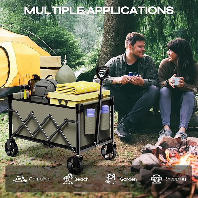 Collapsible Wagon Cart Foldable with 220lbs Weight Capacity, Lightweight Portable Folding Grocery Shopping Cart with Wheels for Camping Sports Beach and Shopping, Khaki