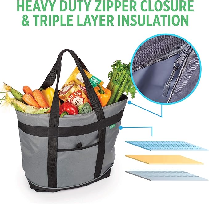 Jumbo Insulated Cooler Bag (Gray) with HD Thermal Insulation - Premium, Collapsible Soft Cooler Makes a Perfect Insulated Grocery Bag, Food Delivery Bag, Travel Insulated Bag, or Beach Cooler Bags