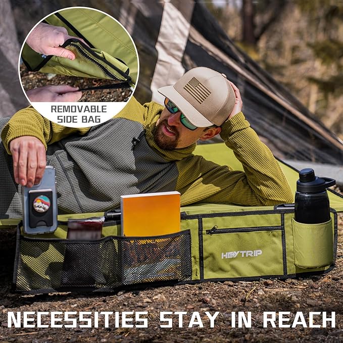 HEYTRIP Extra-Wide Camping Cot, Upgrade Sturdy Camping Bed, XXL Cots for Sleeping Support 500lb, Folding Cot with Side Pocket, Carry Bag Ultralight Backpacking Cot for Travel(Green)