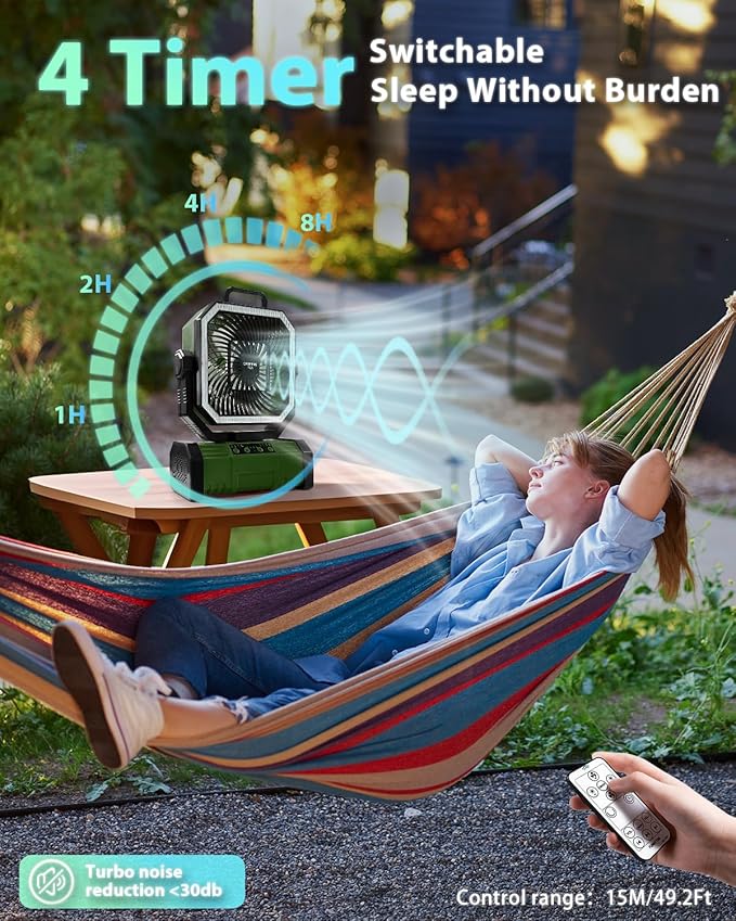 20000mAh Portable Camping Fan, Rechargeable Battery Operated Oscillating Tent Fan W/Bluetooth Speaker, Remote Control, 4 Speeds, LED lights & 360° Rotation Hook for Outdoor RV Travel, Green