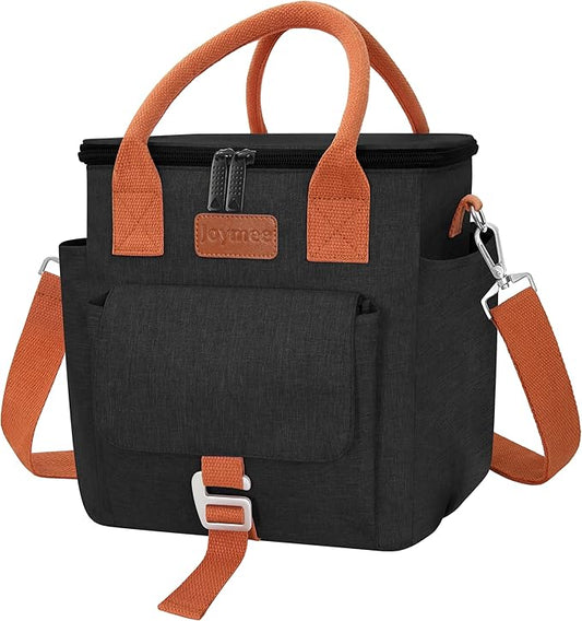 Joymee Insulated Lunch Bag for Women/Men, Waterproof Lunch Box for Office Work Picnic Beach, Reusable Large Leakproof Cooler Tote Bag with Adjustable Shoulder Strap & Side Pocket, Black