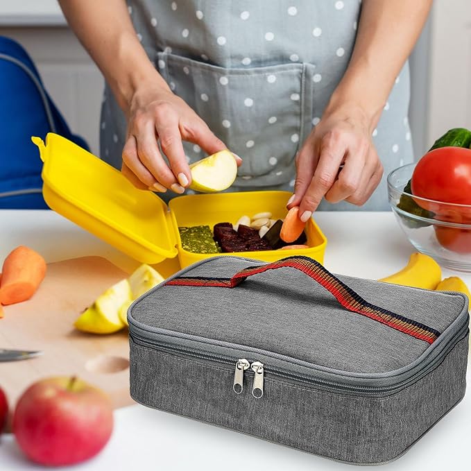 PATIKIL 12"x9"x3" Insulated Lunch Bags, Portable Food Containers Bag Flat Bento Bags Reusable Thermal Lunch Pail for Men and Women, Grey
