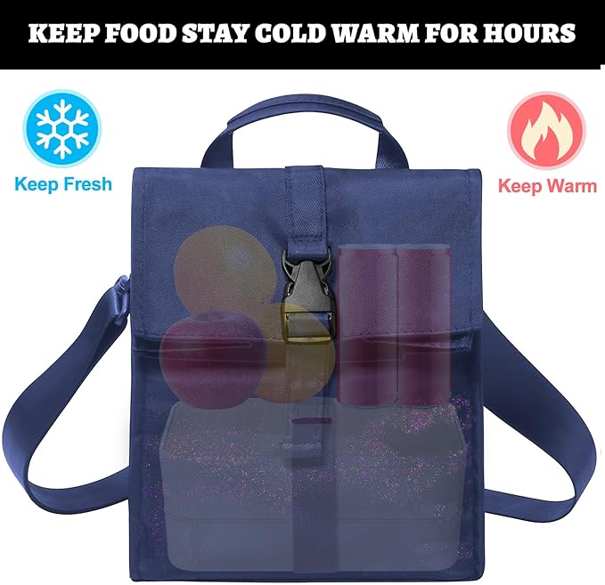 Insulated Foldable Lunch Bag- Lightweight Portable with Adjustable Shoulder Strap Lunch Box for Men, Women, Office, Work, Picnic, Hiking and Beach (Navy Blue(Soft Fabric))