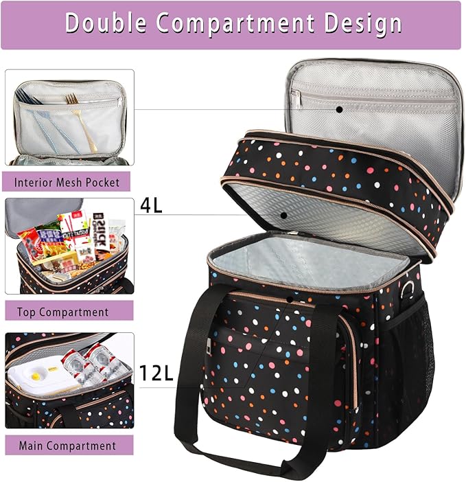GLENKEY Expandable Lightweight Insulated Lunch Box for Women, Double Deck Large Lunch Bag Leakproof Soft Cooler Bags for Adults Work Office Flight Beach Travel, Polka Dots, 16L