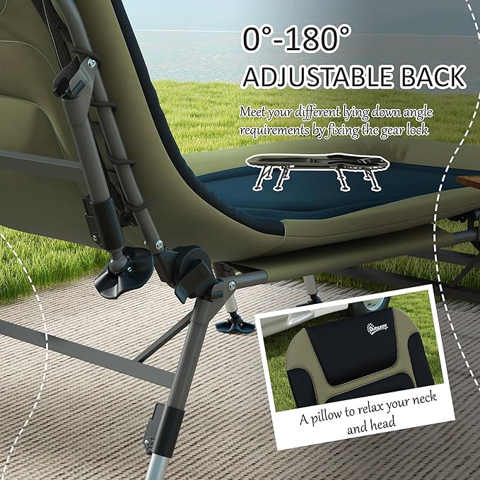 Outsunny Camping Cot for Adults, Folding Bed with Soft Padded Cushions & Headrest, 180° Adjustable Reclining Lounger, Heavy Duty and Portable with a 400 lbs. Capacity, Dark Green