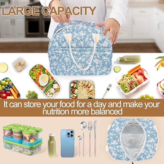 Cotton Quilted Insulated Lunch Bag, Cute Quilted Floral Lunch Tote Bags Reusable Insulated Lunch Box Coquette Aesthetic Large Capacity Insulated Cooler for Women Men Work Travel Picnic (Light Blue)