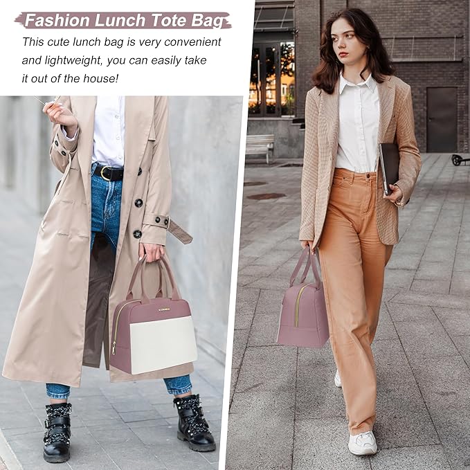 LOKASS Lunch Bag for Women-Insulated Adults Lunch Box with Front Pocket- Small Cute Lunch Tote for Work-Reusable Cooler Bag for Office Picnic Beach or Travel (Pink Purple)