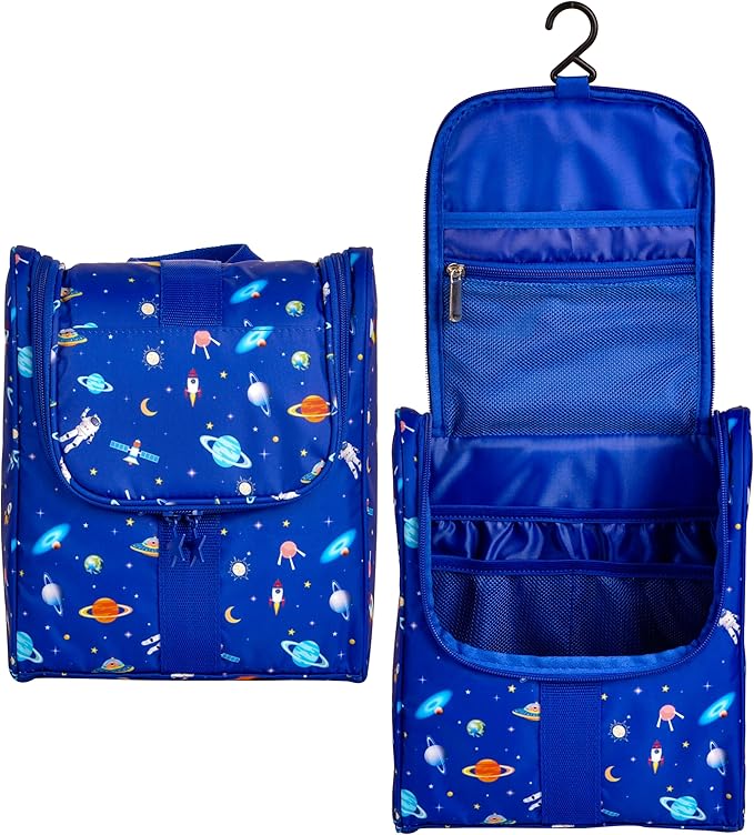 Cute Cartoon Hanging Kids Toiletry Bag Children Travel Cosmetic Makeup Organizer Wash Bag Shower bag Over Night Bag Camping Shaving Kit Bag for Boys & Girls (Astronaut)