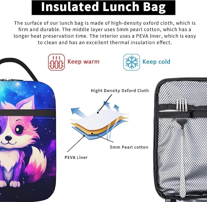 Galaxy Fox Printed Insulated Lunch Box Portable Lunch Bag with Detachable Handle,Reusable Lunchbox for Office Work Travel Picnic Camping Beach