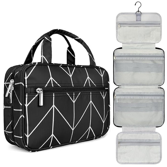 PAVILIA Hanging Toiletry Bag Travel Bag Women Men, Foldable Cosmetic Organizer, Roll up Makeup Bag, Water Resistant Accessories Toiletries, Large Travel Essentials Kit (Black Chevron)