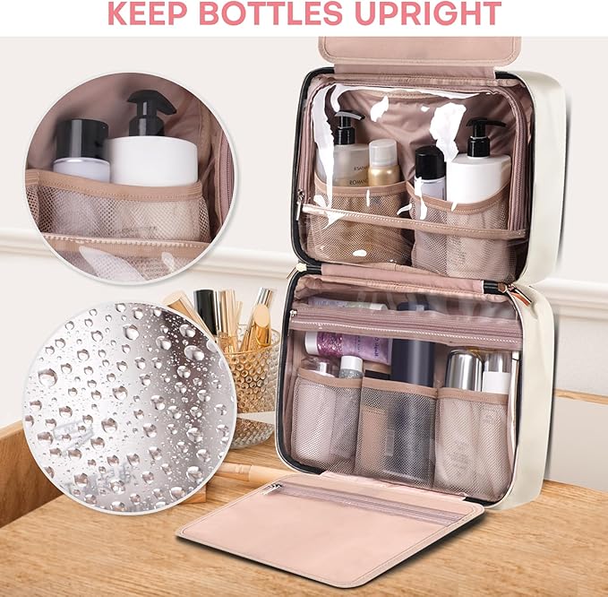 Travel Size Toiletry Bag for Women, Portable Cosmetic Bag with Hanging Hook, Travel Essentials Water-resistant Makeup Organizer for Accessories, Shampoo, Full-size Container, Toiletries