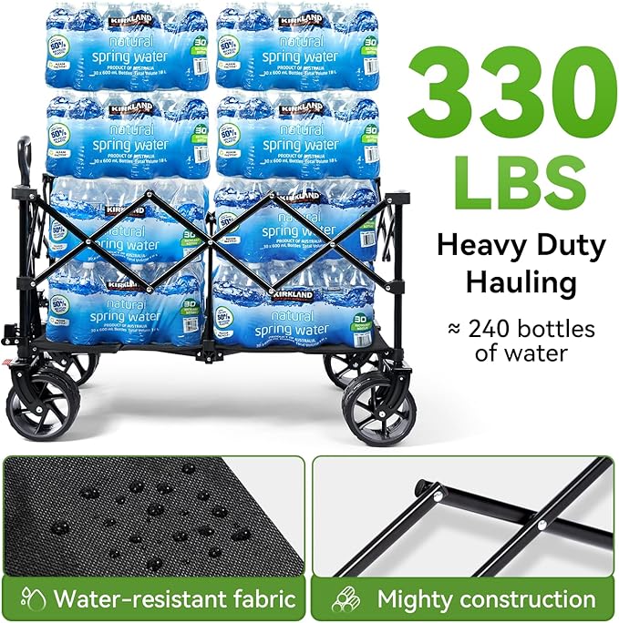 Hikenture Collapsible Wagon Cart, 330lbs Capacity Beach Wagons with Big Wheels for Sand, Heavy Duty Foldable Cart with Brakes, Portable Utility Folding Garden Cart for Outdoor