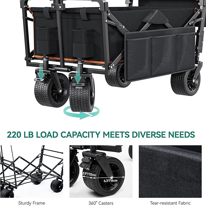 YITAHOME Collapsible Garden Cart w/Removable Canopy, Heavy Duty Outdoor Foldable Wagon Cart w/Rear Storage and Flexible Swivel Wheels for Shopping, Picnic, Camping, Sports,Black