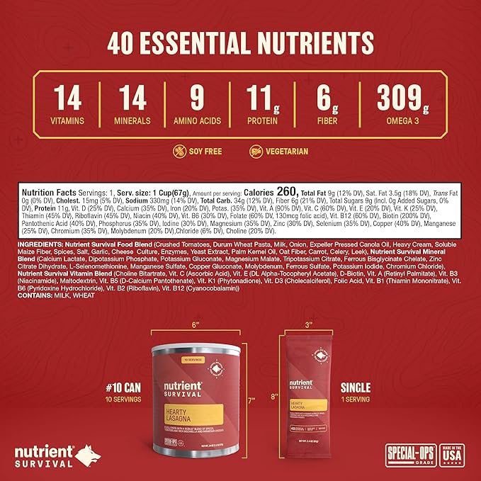 Nutrient Survival MRE Hearty Lasagna, Ready to Eat Meals (10 Servings) Freeze Dried Prepper Supplies & Emergency Food Supply, 40 Essential Nutritients, Shelf Stable Up to 25 Years, One Can