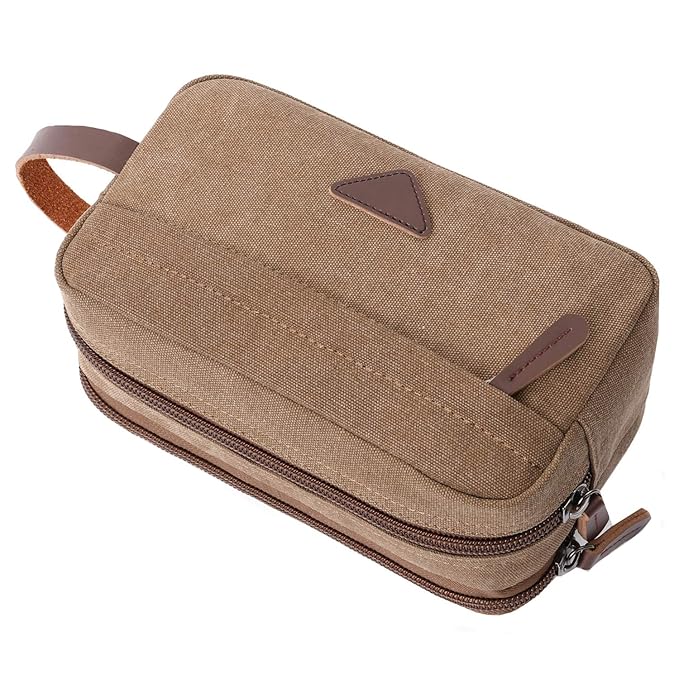 Mactso Mens Travel Toiletry Bag Canvas Leather Cosmetic Makeup Organizer Shaving Dopp Kits with Double Compartments (Coffee)